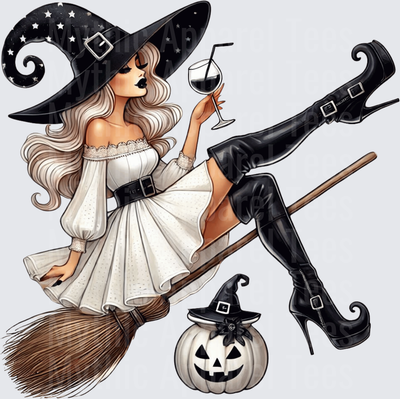 Glamour Witch Sitting on Broomstick Holding Wine Glass with White Pumpkin Jack-o-Lantern Halloween