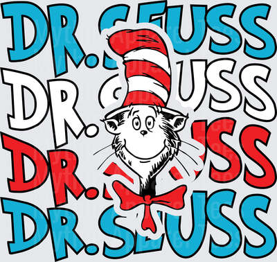 Dr. Seuss Cat in the Hat Face Repeated Stacked Text Design in Red White and Blue