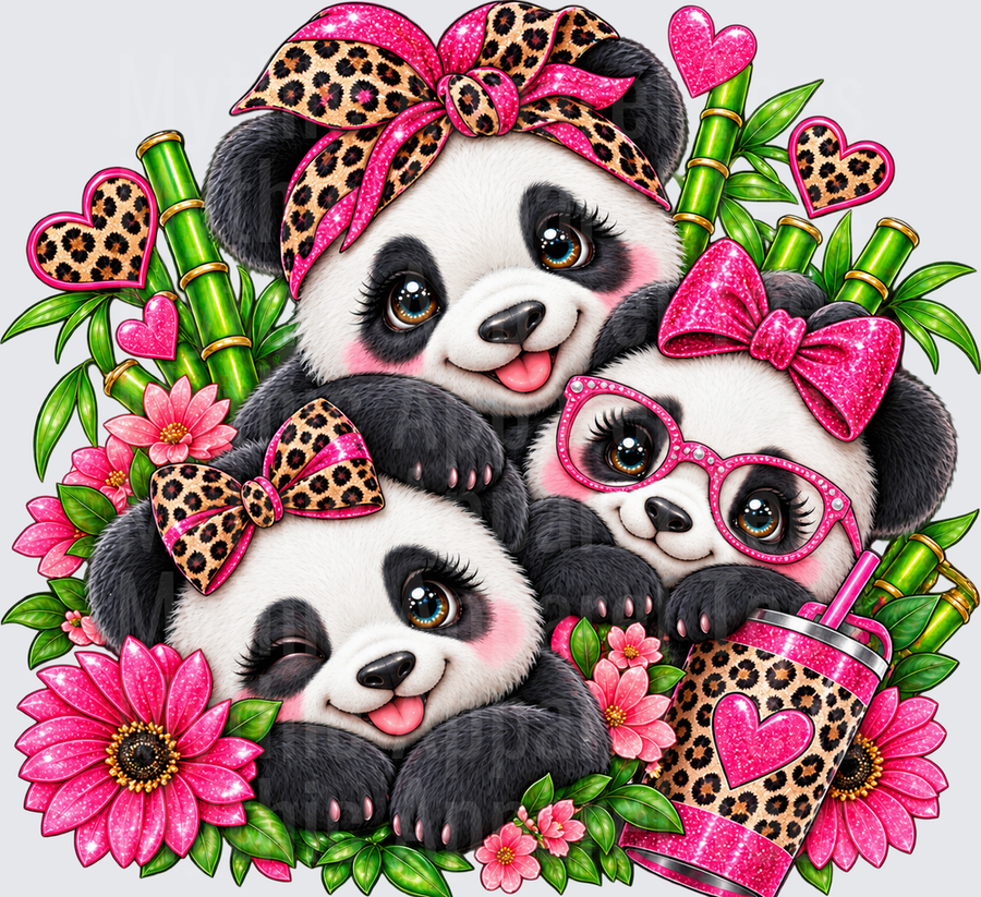 Animals Trio of Cute Glam Pandas with Pink Leopard Print Bows Glasses Bamboo Floral Hearts and Stanley Cup