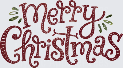 Merry Christmas Dark Red Candy Cane Stripe Hand Lettered Typography with Holly Leaves Accent