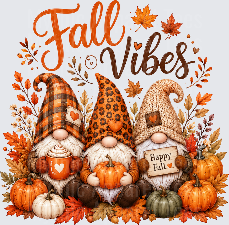 Fall Vibes Happy Fall Three Gnomes with Pumpkins Autumn Leaves and Latte Buffalo Plaid Leopard Print Knit Hats