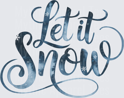 Let It Snow Blue Watercolor Script with Snowflakes Winter Holiday Lettering