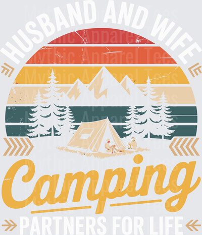 Retro Sunset Camping Scene with Mountains Pine Trees Tent and Campers Arrow Accents