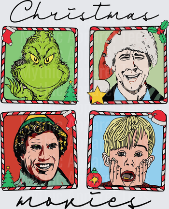 Christmas Movies Four Panel Collage Grinch Clark Griswold Buddy the Elf Kevin McCallister Holiday Film Icons