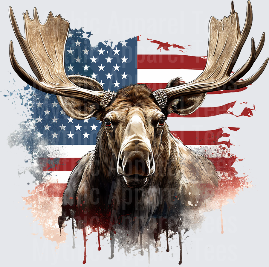 Patriotic Bull Moose Portrait with Distressed American Flag Watercolor Splash Background