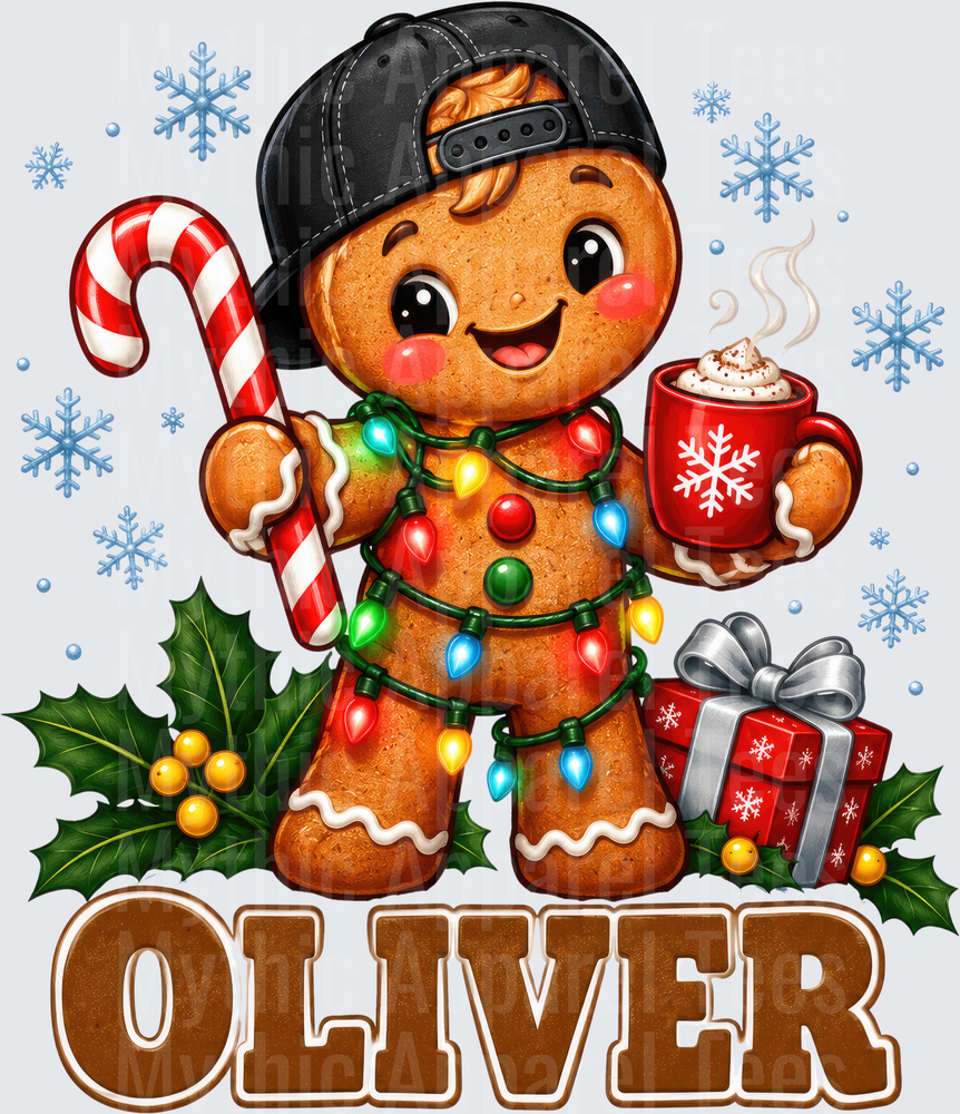 Cute Gingerbread Boy Wearing Backwards Cap Wrapped in Christmas Lights Holding Candy Cane and Hot Cocoa with Name Oliver