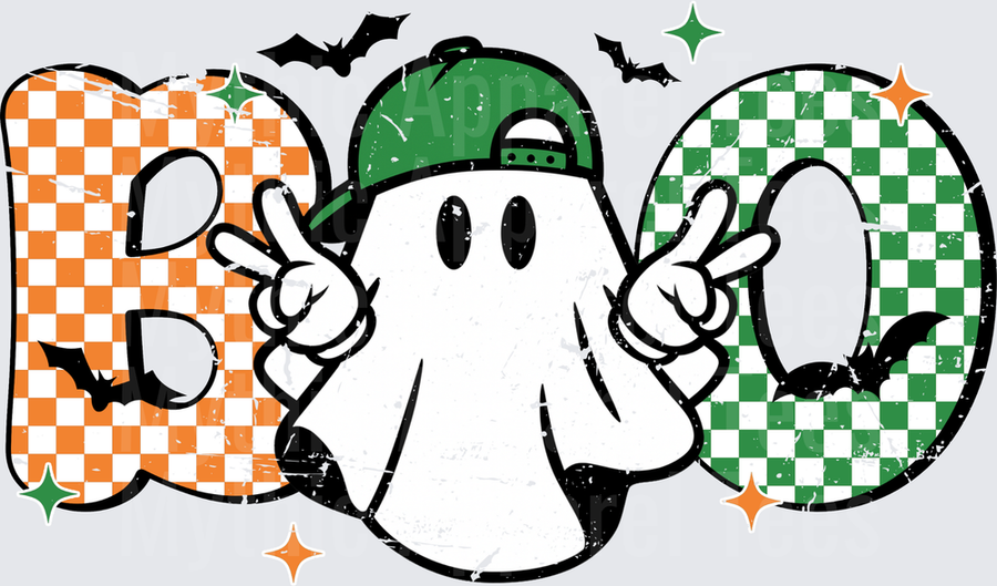 Halloween BOO Ghost Wearing Backwards Green Snapback Hat Throwing Peace Signs with Checkered Orange and Green Grunge Letters Bats and Sparkles