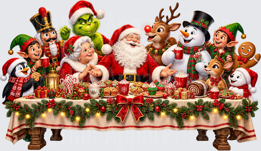 Santa Claus and Mrs. Claus Christmas Holiday Feast with the Grinch, Rudolph, Frosty the Snowman, Elves, Nutcracker, Gingerbread Man, and Friends Around a Festive Table Loaded with Cookies, Cupcakes, and Hot Cocoa