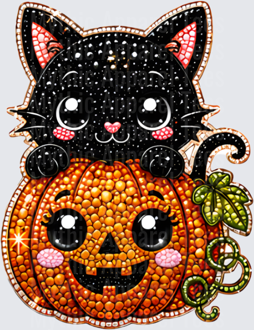 Halloween Bling Kawaii Black Cat Sitting on Bejeweled Jack-o-Lantern Pumpkin with Vine Diamond Art Style