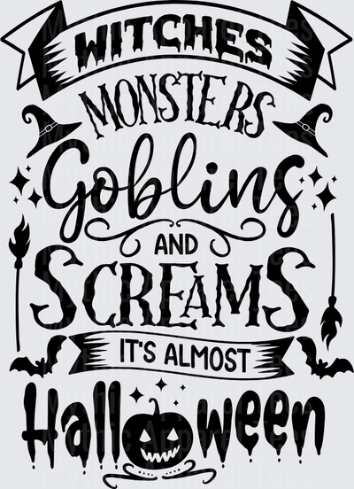 Witches Monsters Goblins and Screams It's Almost Halloween Typography with Witch Hats Broomsticks Bats and Jack-o-Lantern