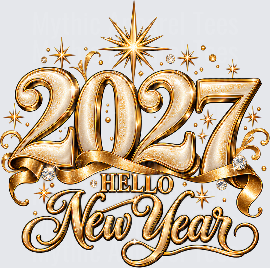 Hello 2027 New Year Gold Glitter Luxury Typography with Diamond Accents Stars and Ribbon Banner