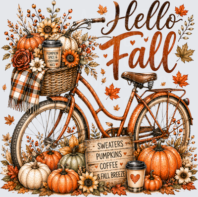 Hello Fall Vintage Bicycle with Pumpkins Sunflowers Plaid Blanket and Pumpkin Spice Coffee Sweaters Pumpkins Coffee and Fall Breeze Sign