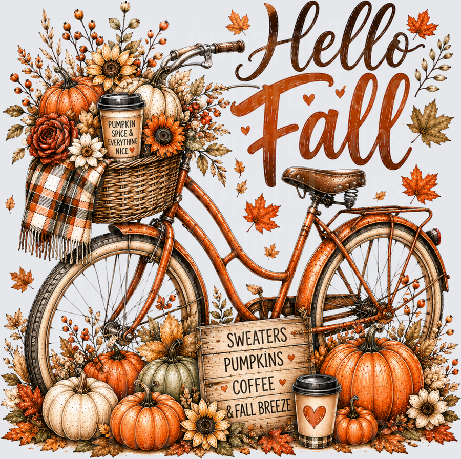 Hello Fall Vintage Bicycle with Pumpkins Sunflowers Plaid Blanket and Pumpkin Spice Coffee Sweaters Pumpkins Coffee and Fall Breeze Sign