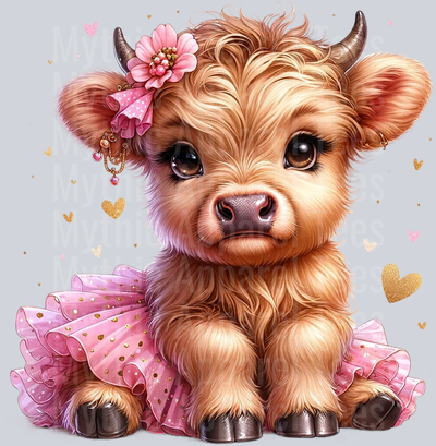 Cute Highland Cow Baby Pink and gold hearts and flower DTF Precious Highland Cow Transfers