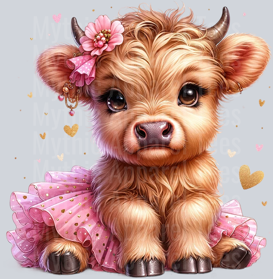 Cute Highland Cow Baby Pink and gold hearts and flower DTF Precious Highland Cow Transfers