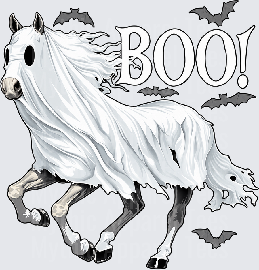 Horses Halloween Ghost Horse Running with Bats and BOO Text