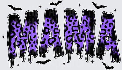 Halloween Mama Purple Leopard Print Dripping Grunge Letters with Bats and Sparkles