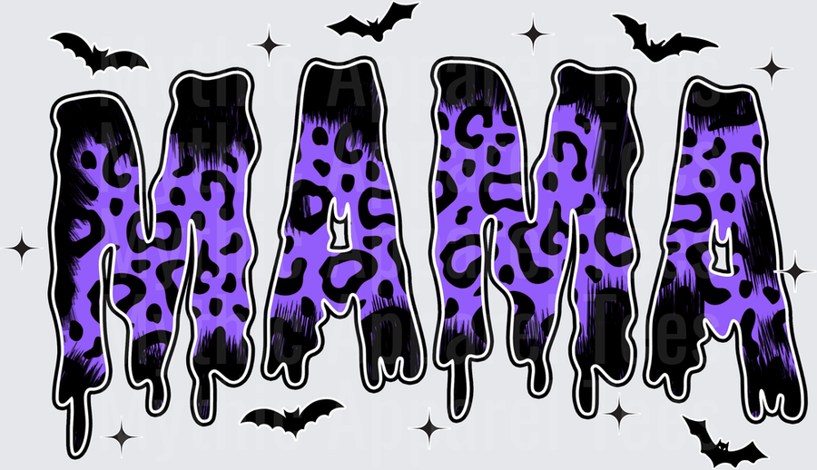 Halloween Mama Purple Leopard Print Dripping Grunge Letters with Bats and Sparkles