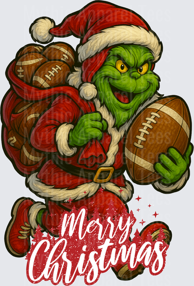 Grinch Football Santa Grinch Running with Football Bag Full of Footballs Merry Christmas