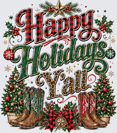 Happy Holidays Y'all Buffalo Plaid and Leopard Print Western Christmas Cowboy Boots Holiday Trees Design