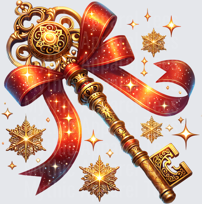 Ornate Gold Polar Express Magic Christmas Key with Red Satin Bow and Golden Snowflakes