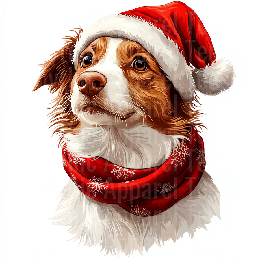 Brittany Spaniel Dog Santa Hat Red Snowflake Scarf Christmas Holiday Portrait