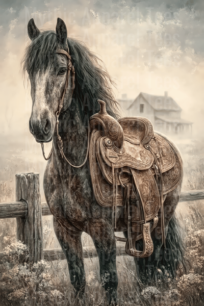 Dapple Gray Horse with Ornate Western Saddle Rustic Farmhouse Vintage Sepia Artwork