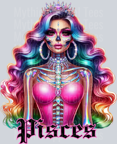 Pisces Glam Skull Girl Horoscope DTF Zodiac Sign Transfers