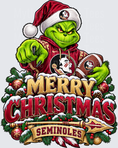 Football Grinch Santa Merry Christmas Florida State Seminoles Holiday Design with Spear and Festive Wreath