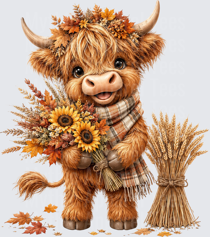 Cute Baby Highland Cow Fall Autumn Sunflower Bouquet Plaid Scarf Wheat Bundle Floral Crown