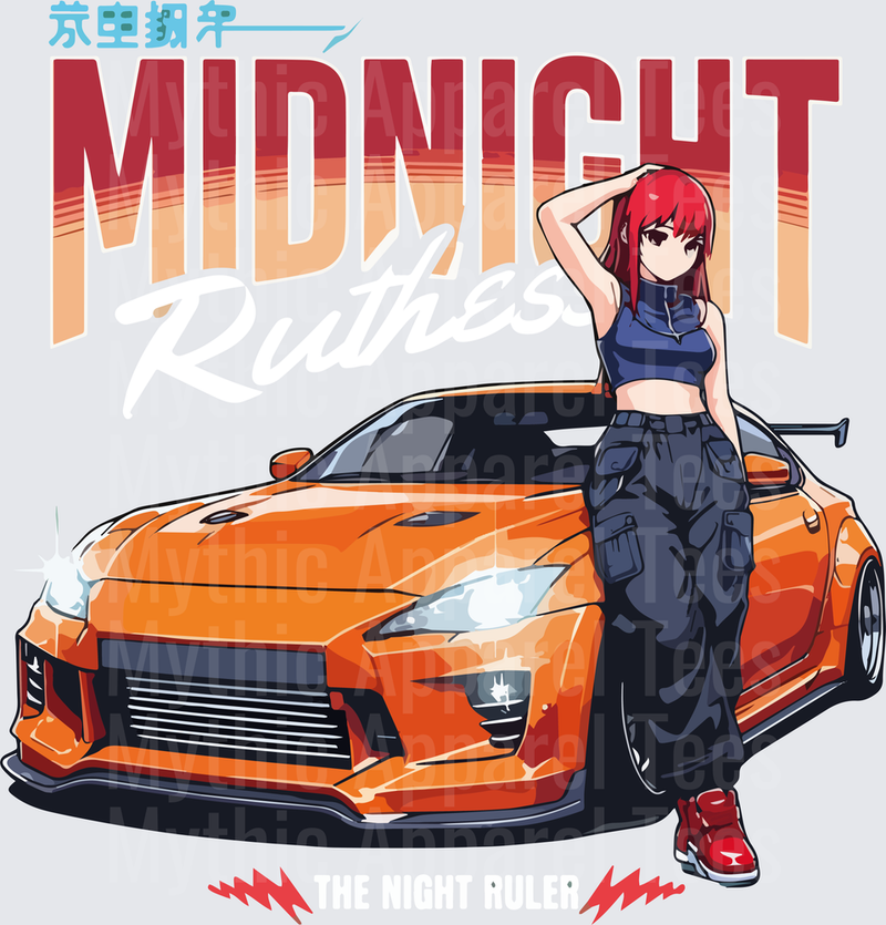 Drifting and Muscle Cars Midnight Anime Girl Red Hair Orange JDM Sports Car