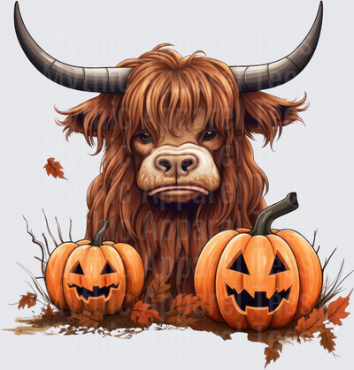 Grumpy Highland Cow with Halloween Jack-O-Lantern Pumpkins and Fall Autumn Leaves
