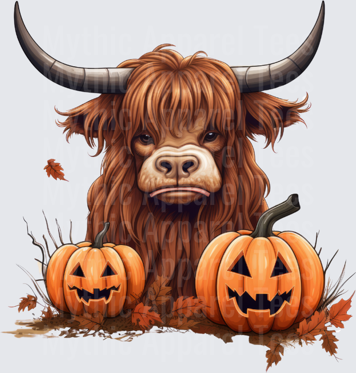 Grumpy Highland Cow with Halloween Jack-O-Lantern Pumpkins and Fall Autumn Leaves