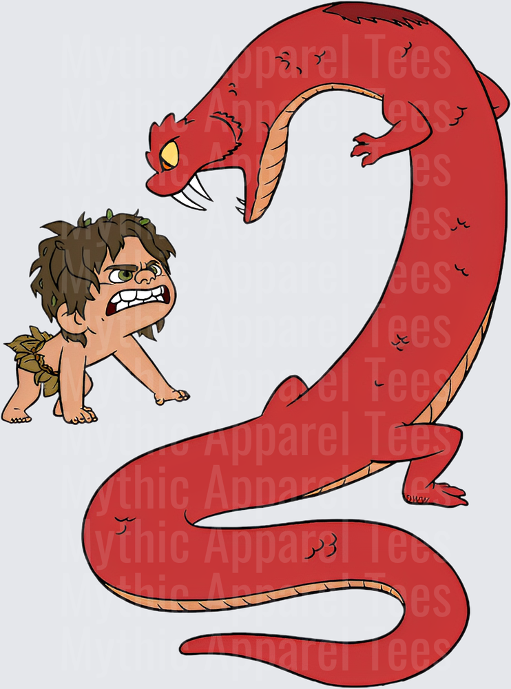 Chibi Feral Arlo Facing Giant Red Serpent Lizard Prehistoric Standoff