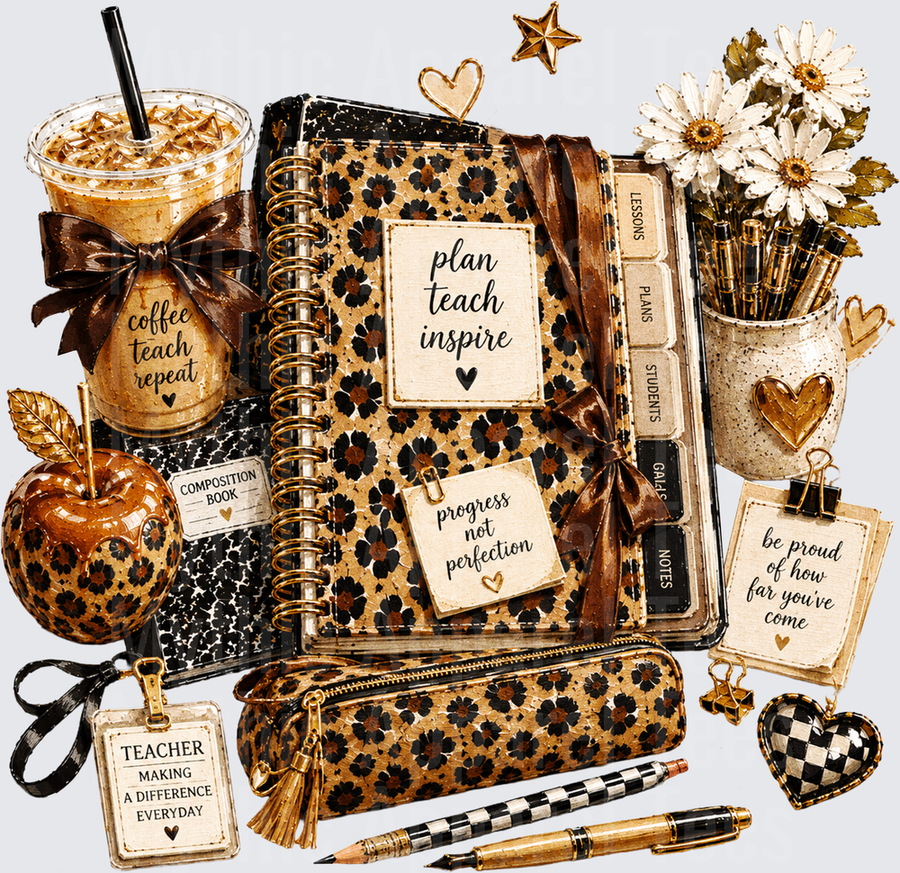 Leopard Print Teacher Planner Bundle Plan Teach Inspire Coffee Teach Repeat Progress Not Perfection Gold Black Boho Teacher Appreciation