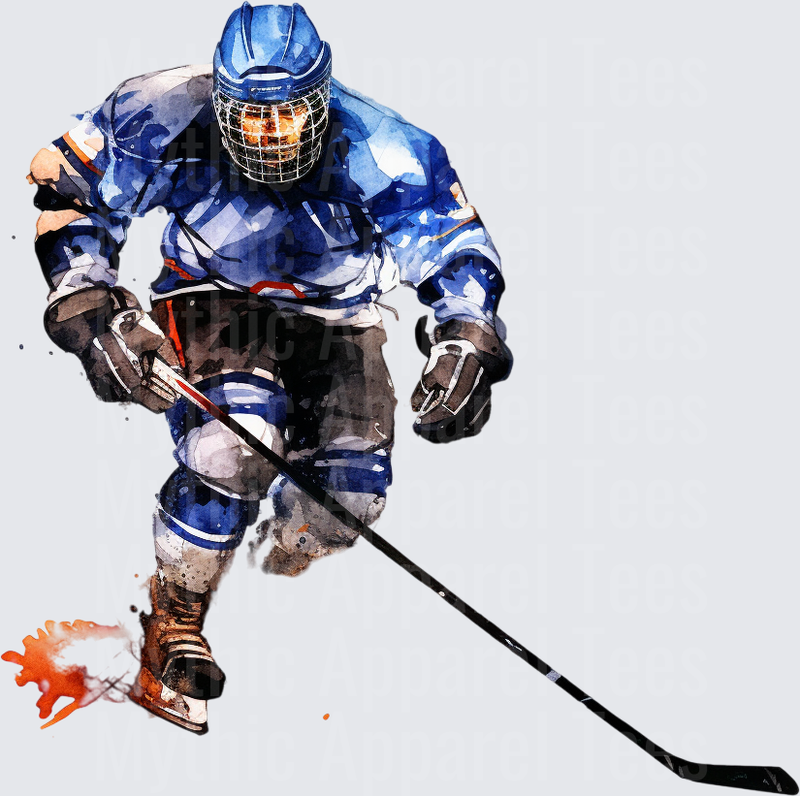 Ice Hockey Player Watercolor Blue Jersey Action Stride Art