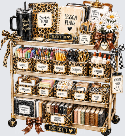 Leopard Print Teacher Supply Cart with Lesson Plans Tumbler Markers Crayons Scissors and Teacher Life Sign
