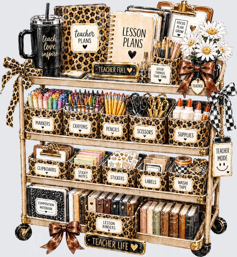Leopard Print Teacher Supply Cart with Lesson Plans Tumbler Markers Crayons Scissors and Teacher Life Sign
