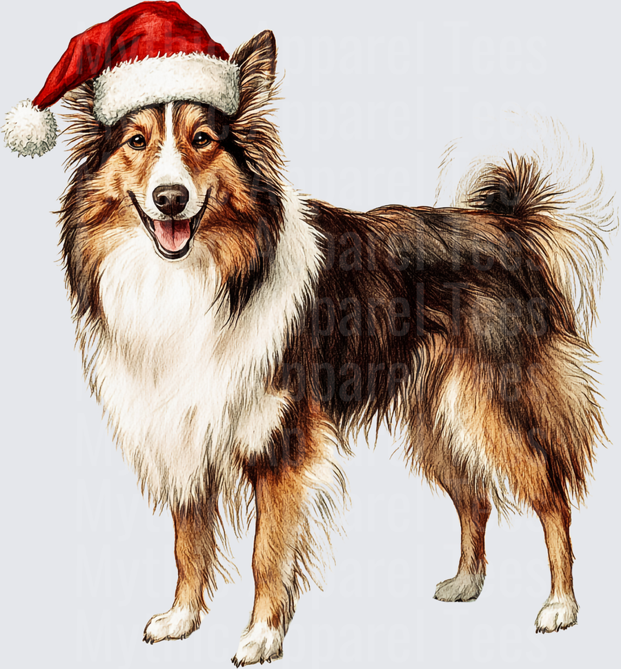 Smiling Shetland Sheepdog Sheltie Wearing Red Santa Hat Watercolor Christmas