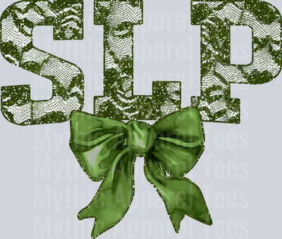 Olive Green Lace SLP St Patrick's Day College Font Floral and shamrock pattern