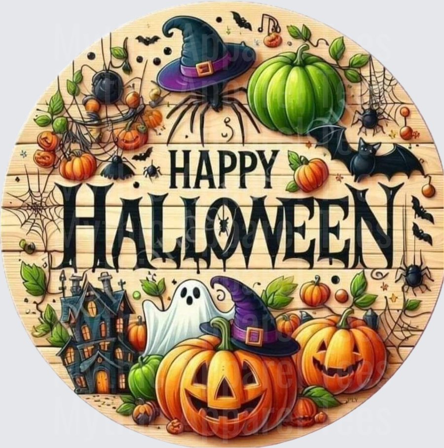 Halloween Happy Halloween Round Wood Sign Pumpkins Ghost Bats Spiders Haunted House Witch Hat Circle Design