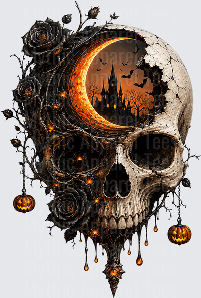 Halloween Gothic Skull Crescent Moon Haunted Castle Black Roses Jack-o-Lanterns