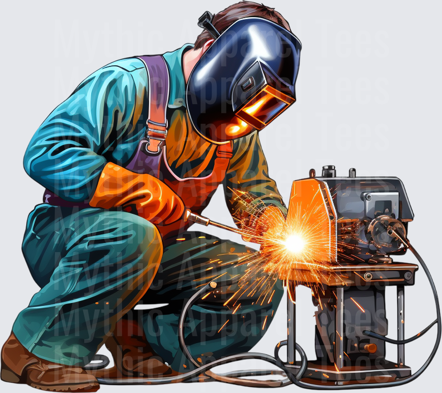 Welder Kneeling With Welding Torch Sparks Flying Protective Mask Orange Gloves Blue Collar Worker