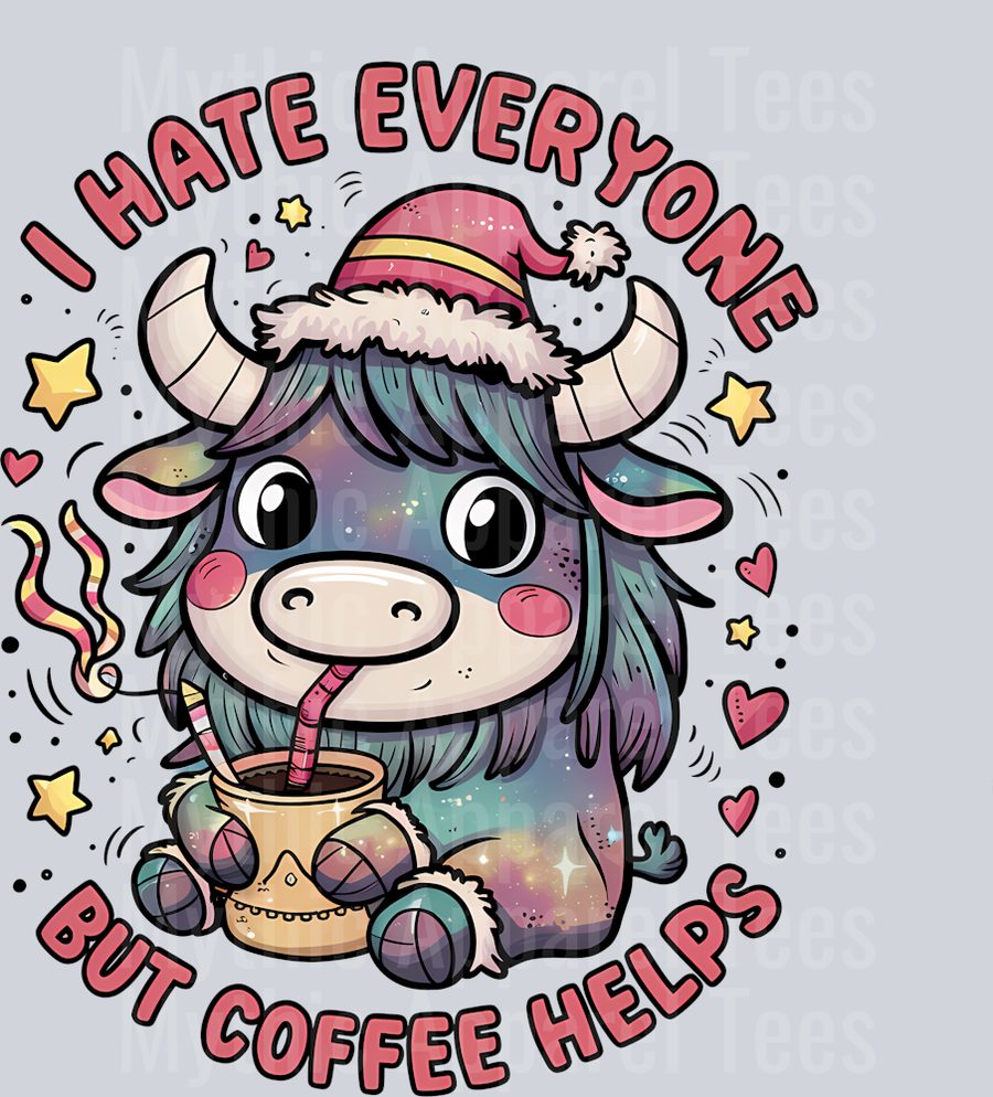 I hate everyone but coffee helps cute  DTF Funny Highland Cow Transfers