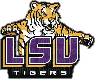 LSU Tigers Mascot Leaping Over Bold Purple and Gold Block Letters