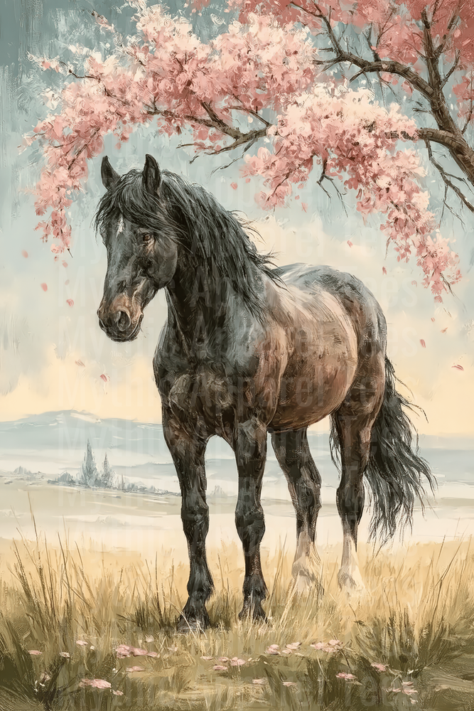 Majestic Dark Horse Standing Beneath Blooming Pink Cherry Blossom Tree in Golden Meadow Painting