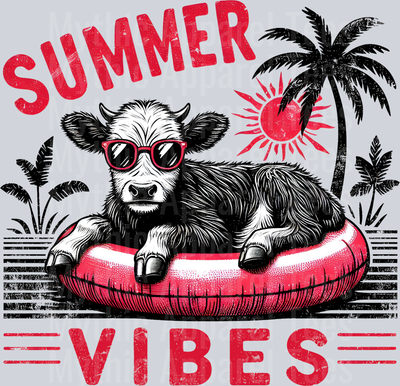 Summer vibes palm trees grey tone with red highland cow floating DTF Summer Transfers