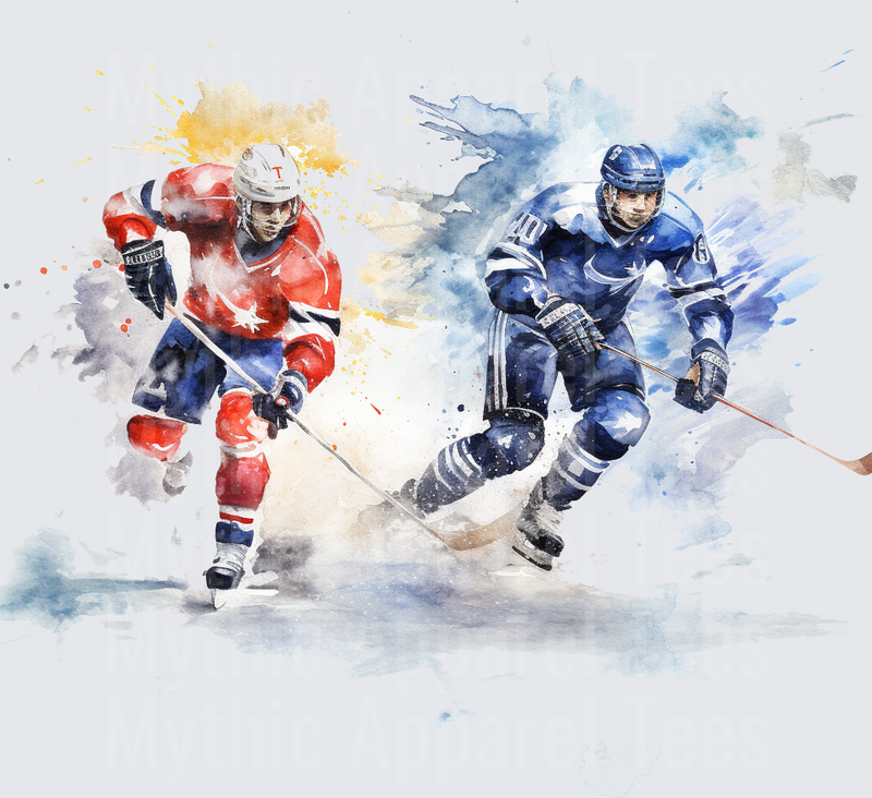 Ice Hockey Two Players Watercolor Splash Action Art