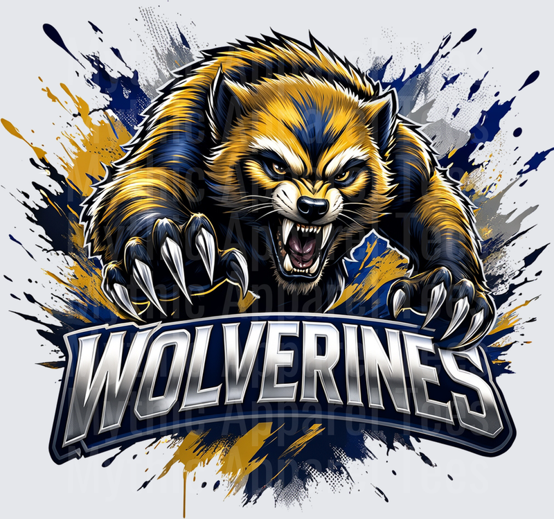Wolverines Fierce Mascot Lunging With Claws Navy Blue And Gold Paint Splash Sports Team Graphic