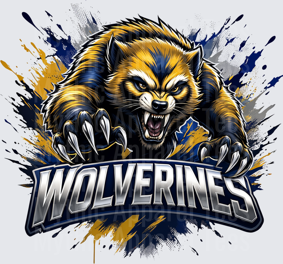 Wolverines Fierce Mascot Lunging With Claws Navy Blue And Gold Paint Splash Sports Team Graphic